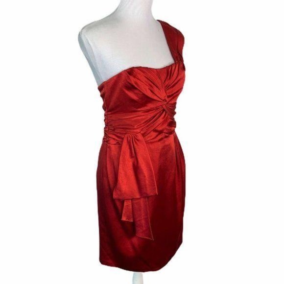 Nanette Lepore Red Satin One Shoulder Ruched Dress - Picture 4 of 12